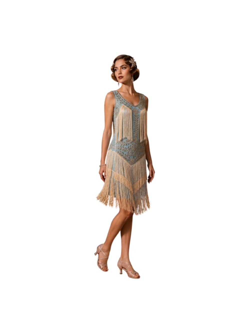 RRYIO Blue Gold Fringe Sequin Flapper Dress Size Small